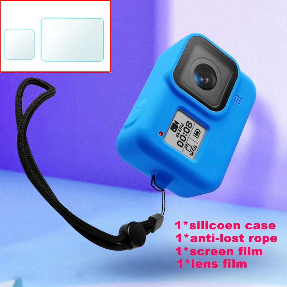 Blue-2pcfilm JINSERTA мягкий силиконовый корпус Защитная пленка для Gopro Hero 8 чехол черный Полное покрытие оболочка для Gopro Hero 8 Экшн-камера - Цвет: Blue-2pcfilm