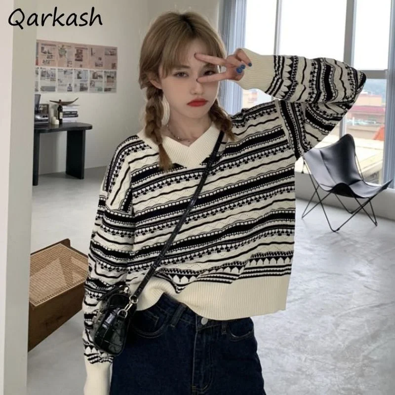 

Pullovers Women Retro Geometrical Loose V-neck Elegant Sweater Popular Simple Korean Office College Maiden Teens Preppy Style