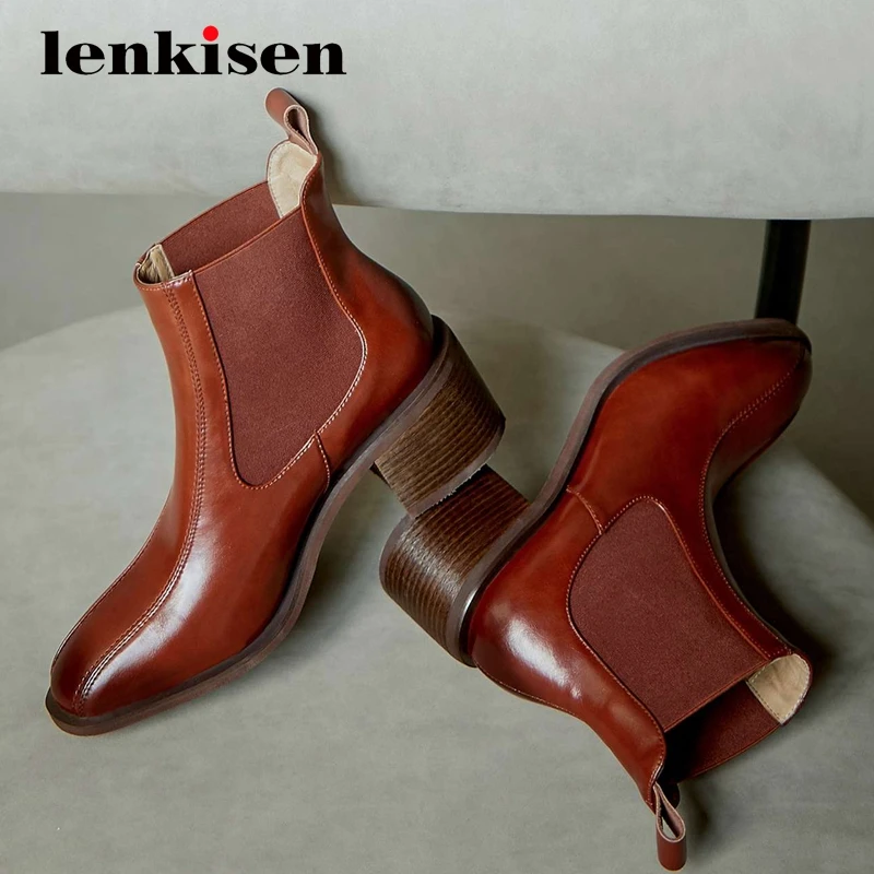 

Ботинки-челси Lenkisen L7f2 из натуральной кожи, Винтажные эластичные ботильоны на толстом высоком каблуке, без застежки, с квадратным носком, для...