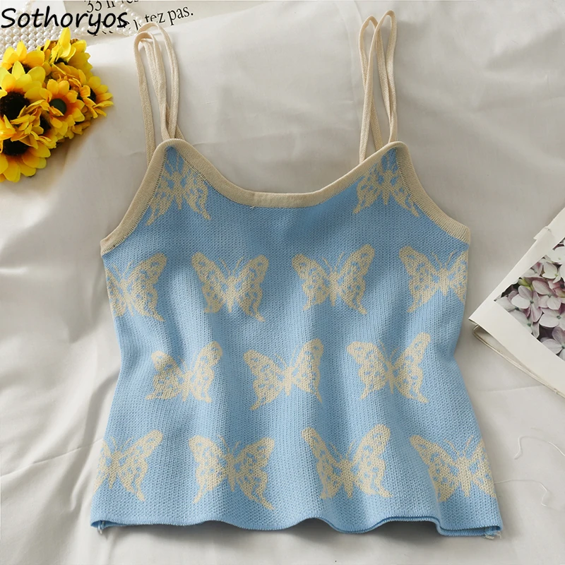 

Топ женский трикотажный на тонких бретелях, с мультяшными бабочками