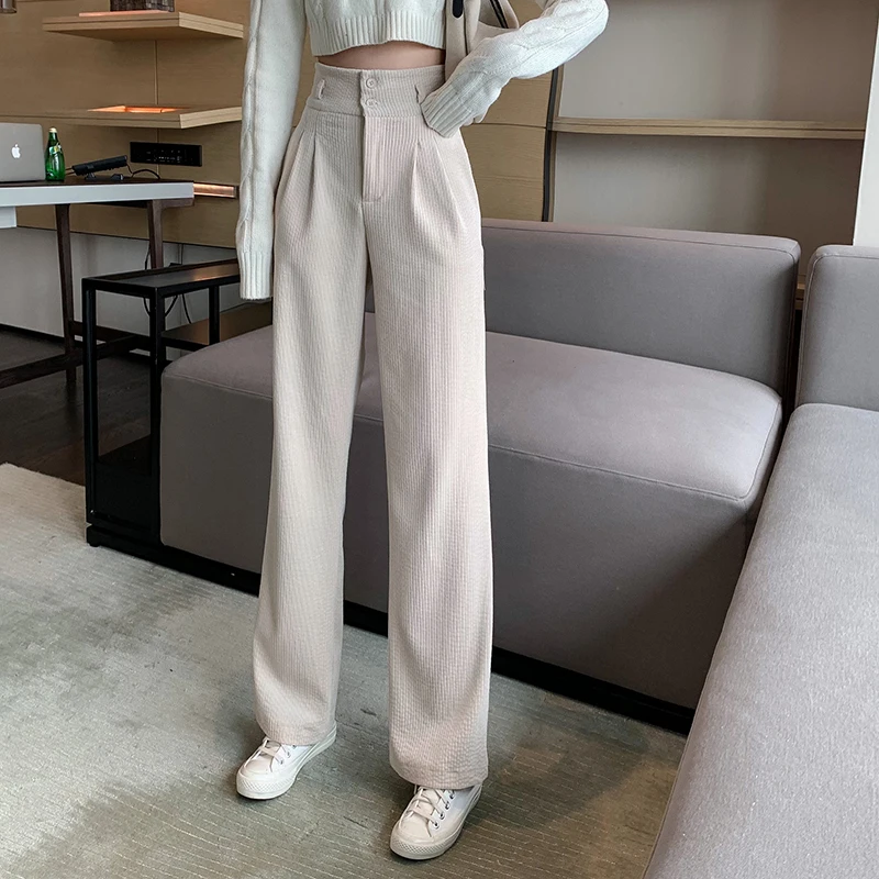 

Corduroy Pants for Women Autumn Winter 2021 High Waisted Button Straight Wide Leg Trousers High Fashion Beige Purple