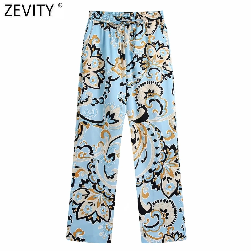 

Женские винтажные широкие брюки Zevity с цветочным принтом и боковыми карманами, женские шикарные длинные брюки на шнуровке с эластичным пояс...