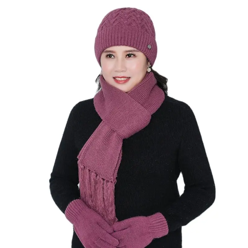 

2019 New Skullies Rabbit Fur Knitted Winter Hat Women Beanies Thick Cotton Female Mother Winter Scarf gloves Three Piece Set