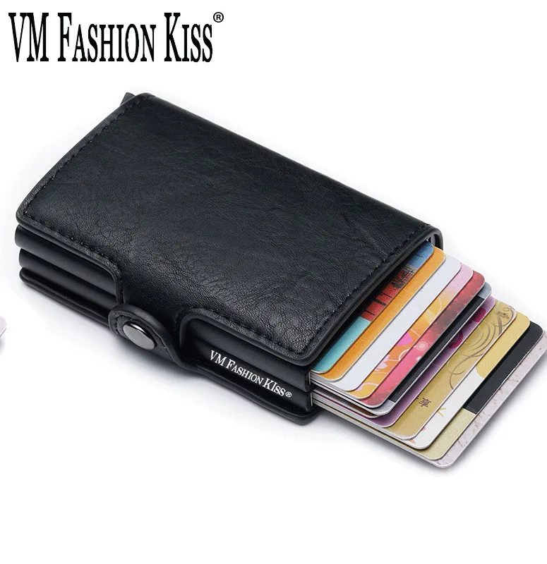 VM FASHION KISS RFID Genuine Leather Minimalist Wallet DIY Metal Aluminum Safe Purse Credit Id Business Card Holder Cardholder