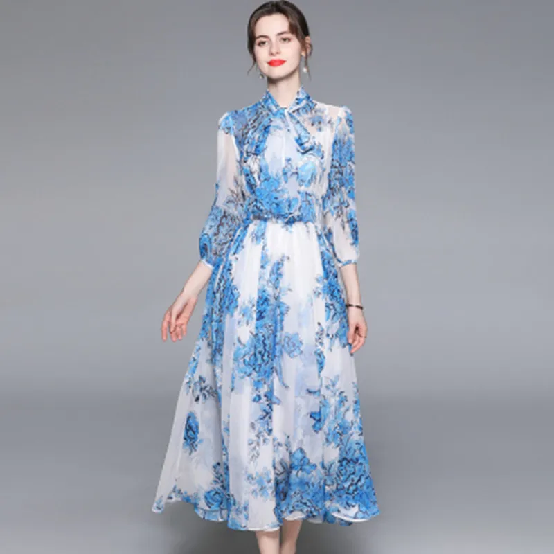 

New 2022 Summer Women Casual Chiffon Dress Bohemia Fashion Bow Collar Flowers Print Vintage Holiday Blue Party Midi Dress