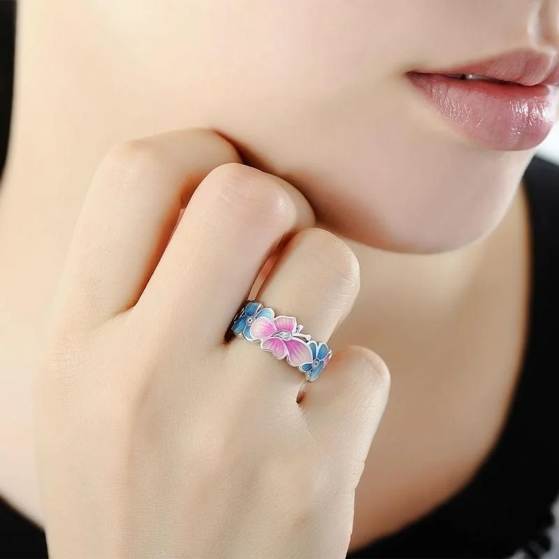 

Pink Butterfly Flower Pattern Ring Women's Ring New Metal Crystal Inlaid Wedding Jewelry Accessories Size 6-10