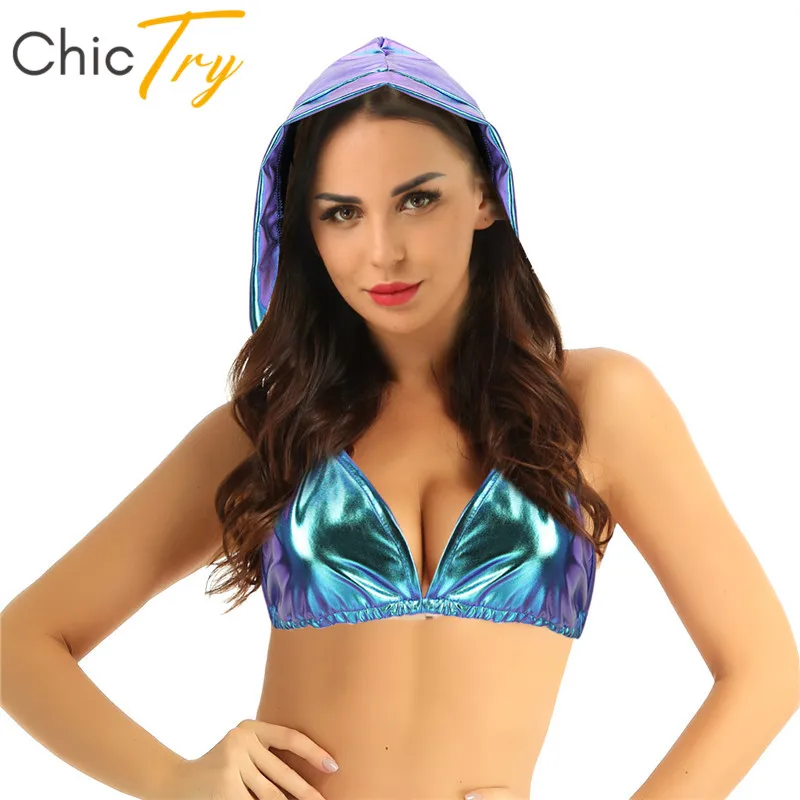 Женский Блестящий металлический бикини с глубоким V-образным вырезом и открытой