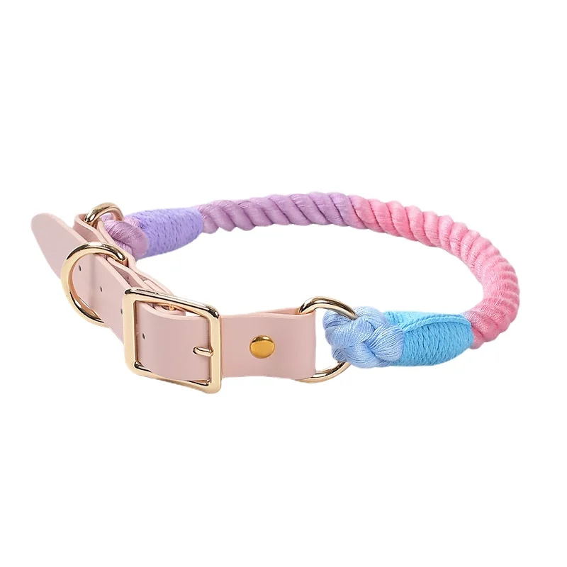 

Gradient Color Dog Cotton And Leather Collars Metal Chain Collar Strap Pet Outdoor Walking Training Small Medium Traction Rope