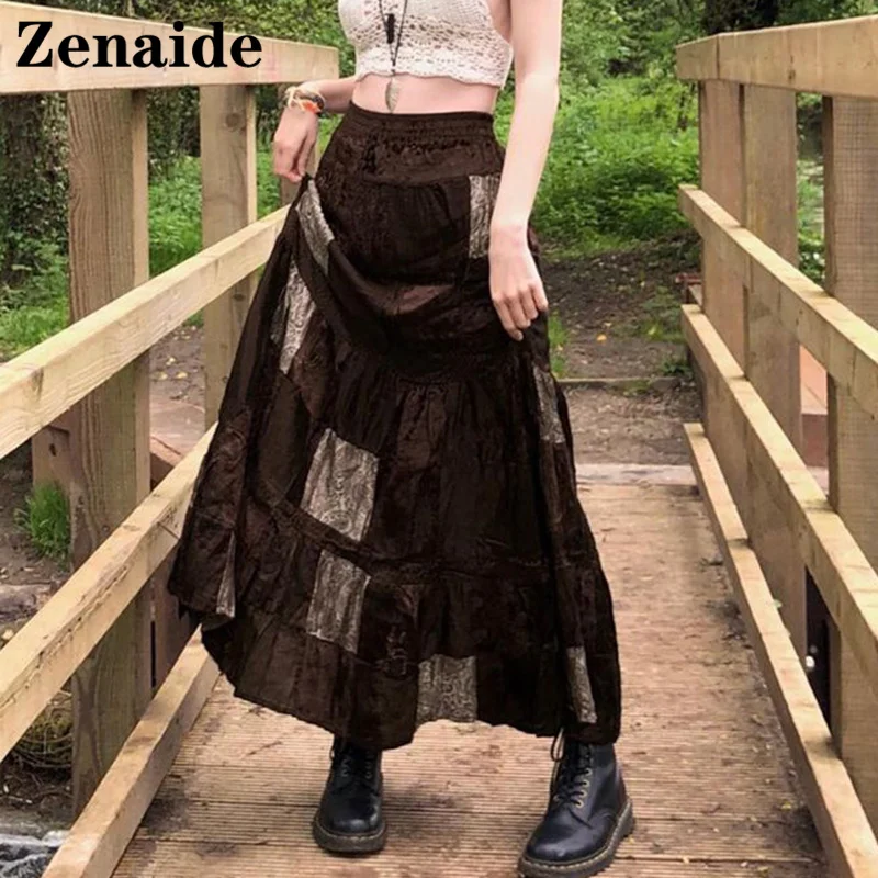 

Zenaide 2021 Autumn Y2K Long Skirt Print Boho Fairy Grunge Velevt Vintage Kawaii Holiday Midi Pleated Skirts Brown Women Elegant