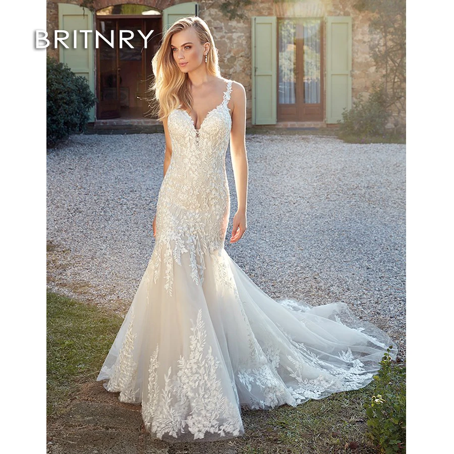 

BRITNRY 2020 Новое кружевное свадебное платье русалки с v-образным вырезом и открытой спиной Иллюзия труба со шлейфом Свадебные платья