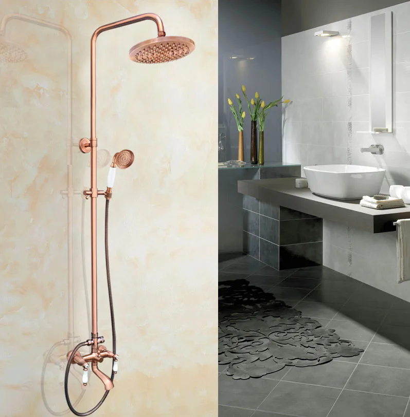 

Antique Red Copper Brass Dual Ceramic Handles Bathroom 8 Inch Round Rain Shower Faucet Set Tub Mixer Tap Hand Shower mrg576