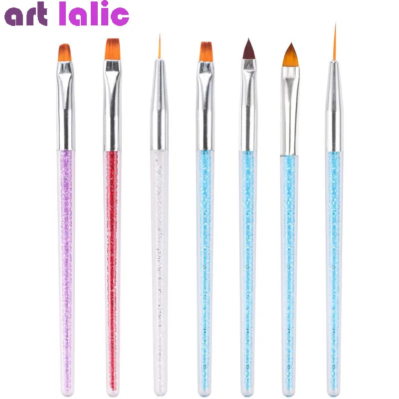 

7 Styles Rhinestone Acrylic Handle Brushes Nail Art Line Flower Painting UV Gel Lacquer Coating Shaping Flat Fan Angle Pen