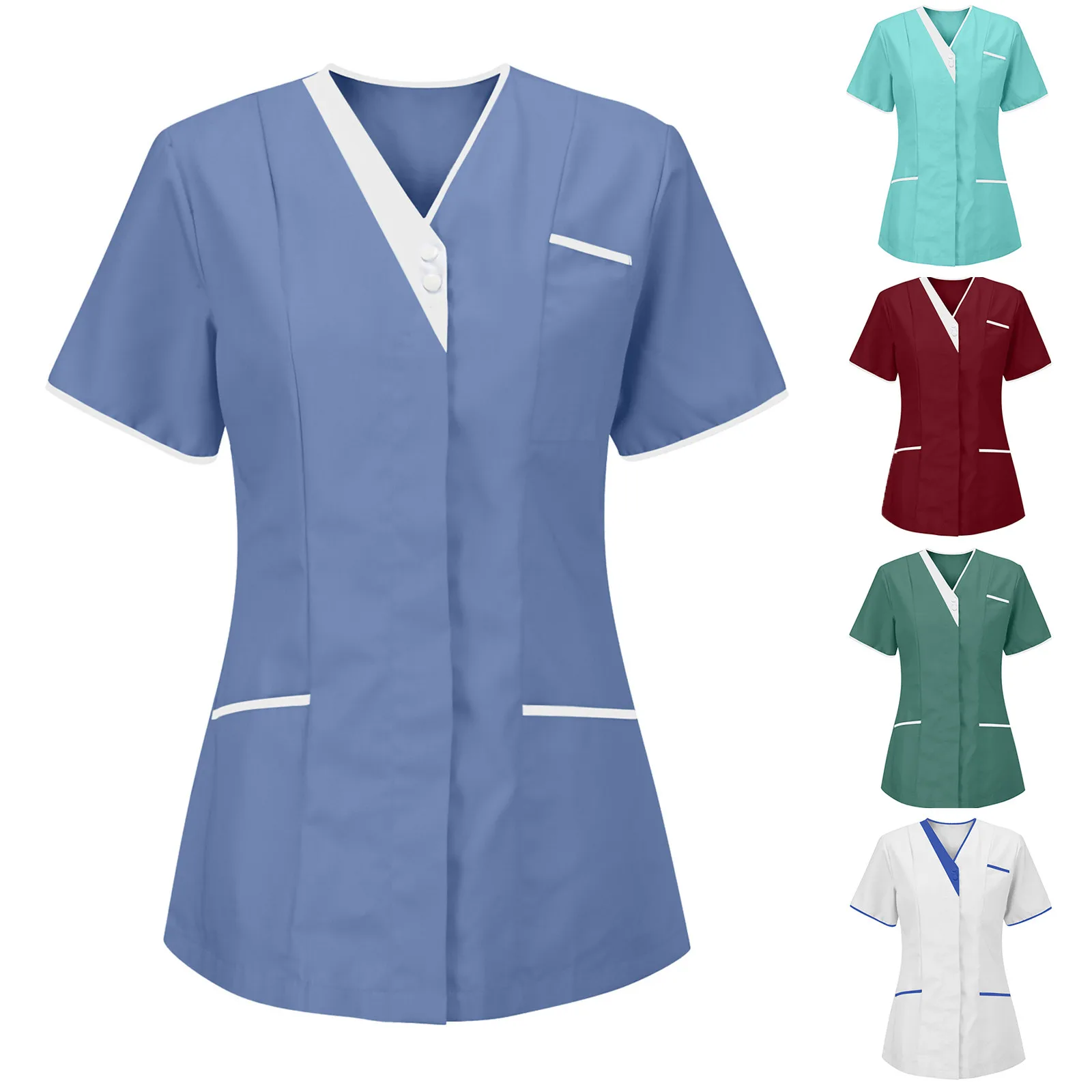 

2021 Nurse Uniform Scrubs Women Pocket Buttons Short Sleeve V-neck Solid Tops Accessories T-Shirt Blouse медицинская одежда q5