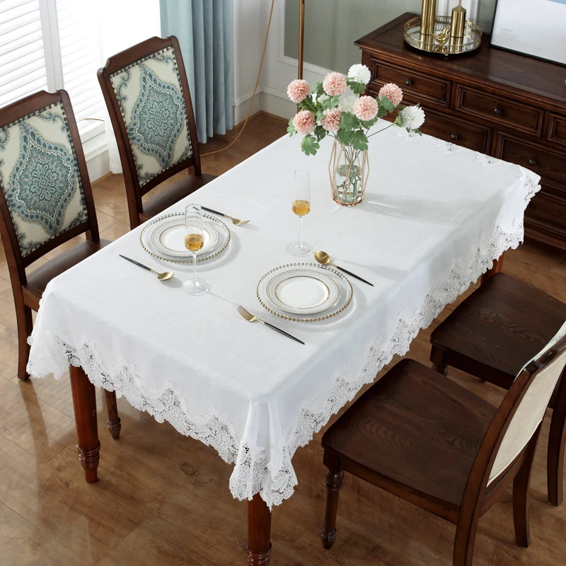 Белая скатерть на стол американская льняная и хлопковая с цветочным рисунком в