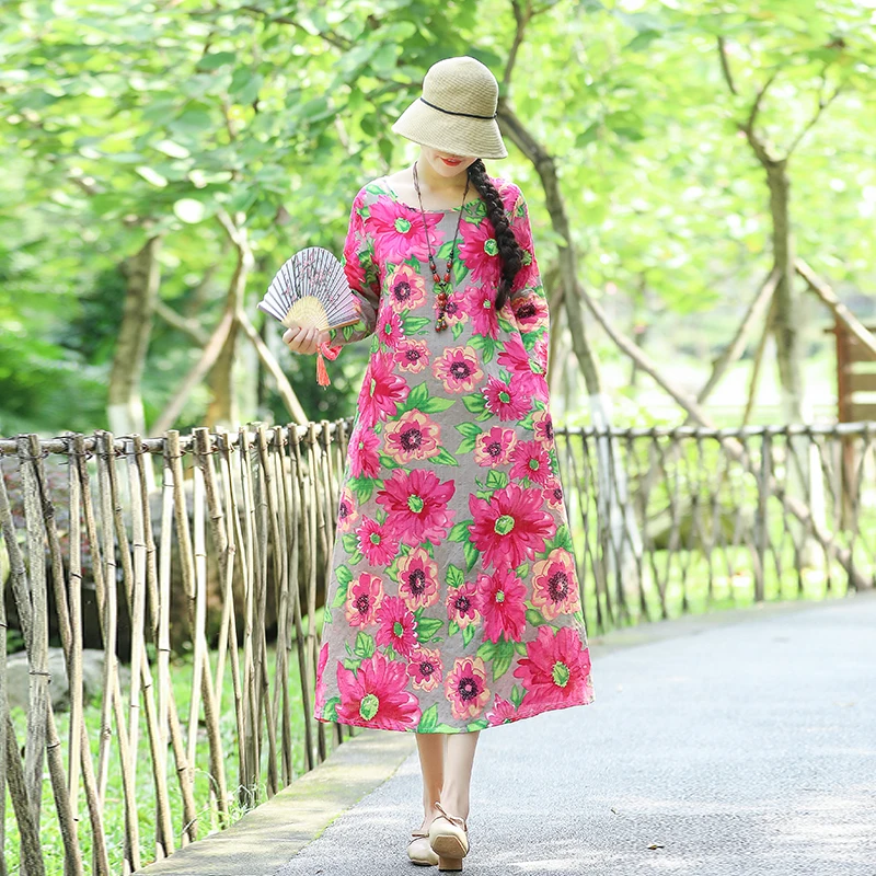 Женское длинное свободное платье винтажное хлопково-льняное в этническом стиле