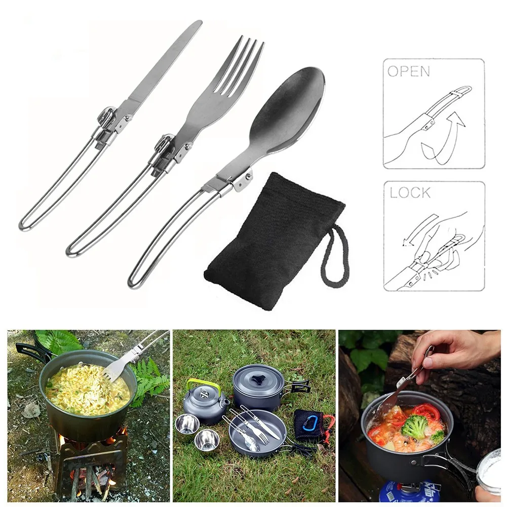 

Outdoor Camping Picnic Cooking Set Stainless Steel Folding Spoon Fork Flatware Cutlery Set WIth Bag Travelling Hiking Tableware
