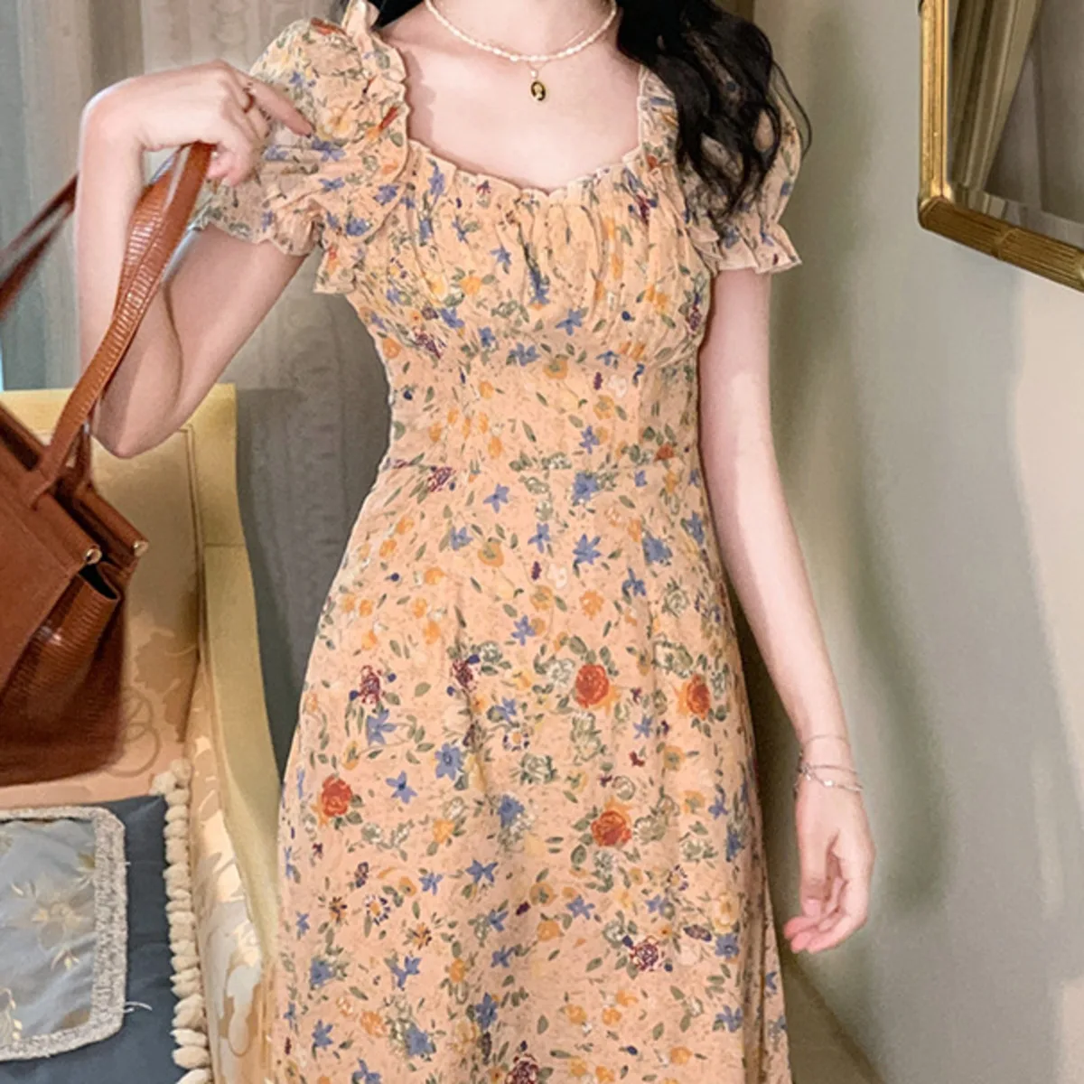 

BacklakeGirls 2021 Summer New Fashion Floral Dress Women Temperament Puff Sleeve Chiffon Evening Dress Vintage Long Dresses