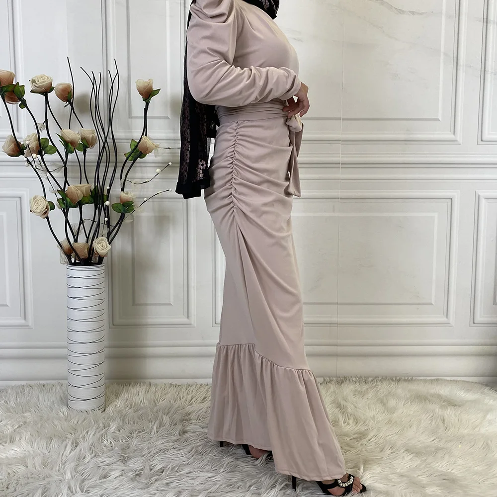 

Elegant French Muslim Solid Abaya Dress Pleated Lace-up Moroccan Kaftan Dubai Turkey Party Vestidos Jubah Robe Abayas Mujer