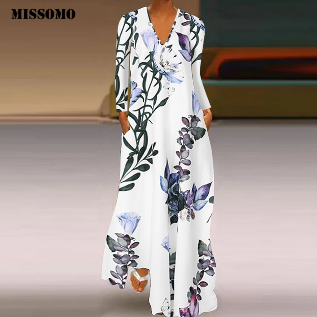 MISSOMO vestidos, макси платье, женское Повседневное платье размера плюс 5XL, женское платье с v-образным вырезом, с цветочным принтом, с длинным рукавом, свободные платья, платье для вечеринки 910