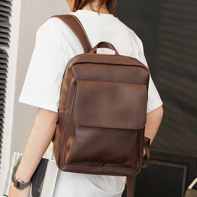 

Retro Coffee Men's backpacks Hard PU Leather Shoulder Backpack High quality 13" Laptop Travel Backpacks Schoolbag 2021