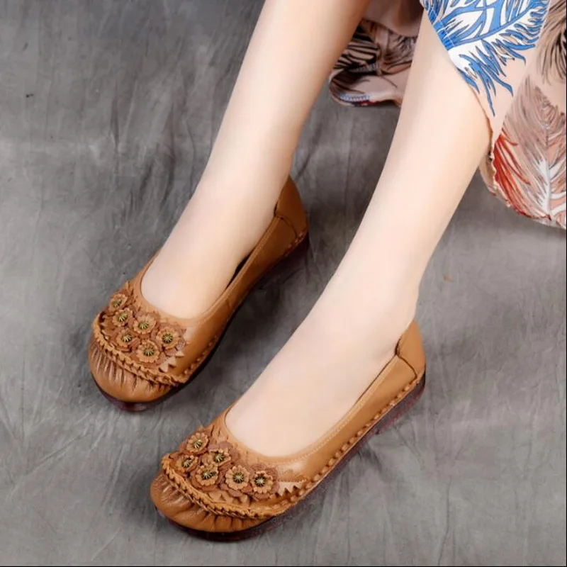 2021 Women Loafers Genuine Leather Flat Heels Flower Round Toe Handmade Shoes Soft Comfortable Platform Ladies Shoes