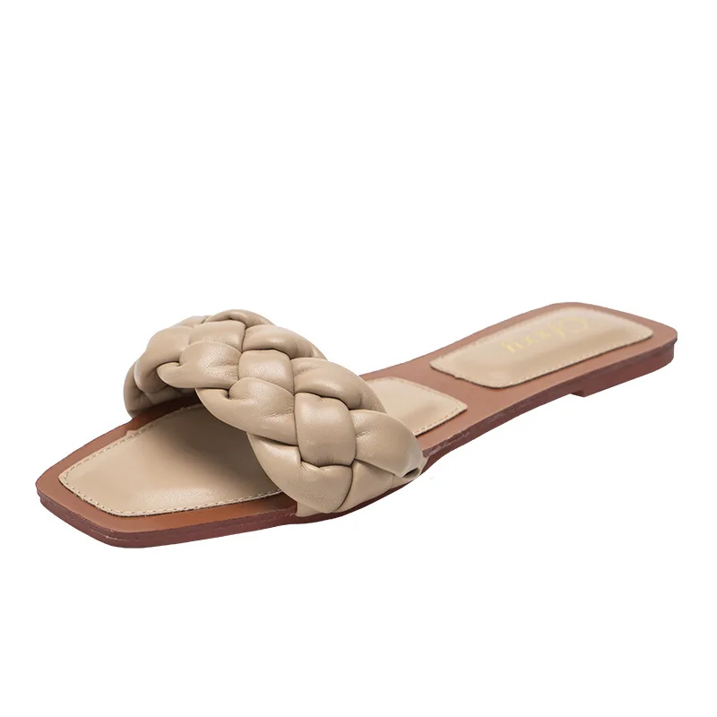 

2021 Woven Slippers Women Slip On Slides Fashion Brand Square Toe Leather Flat Sandals Female Outdoor Casual Slippers Flip Flops
