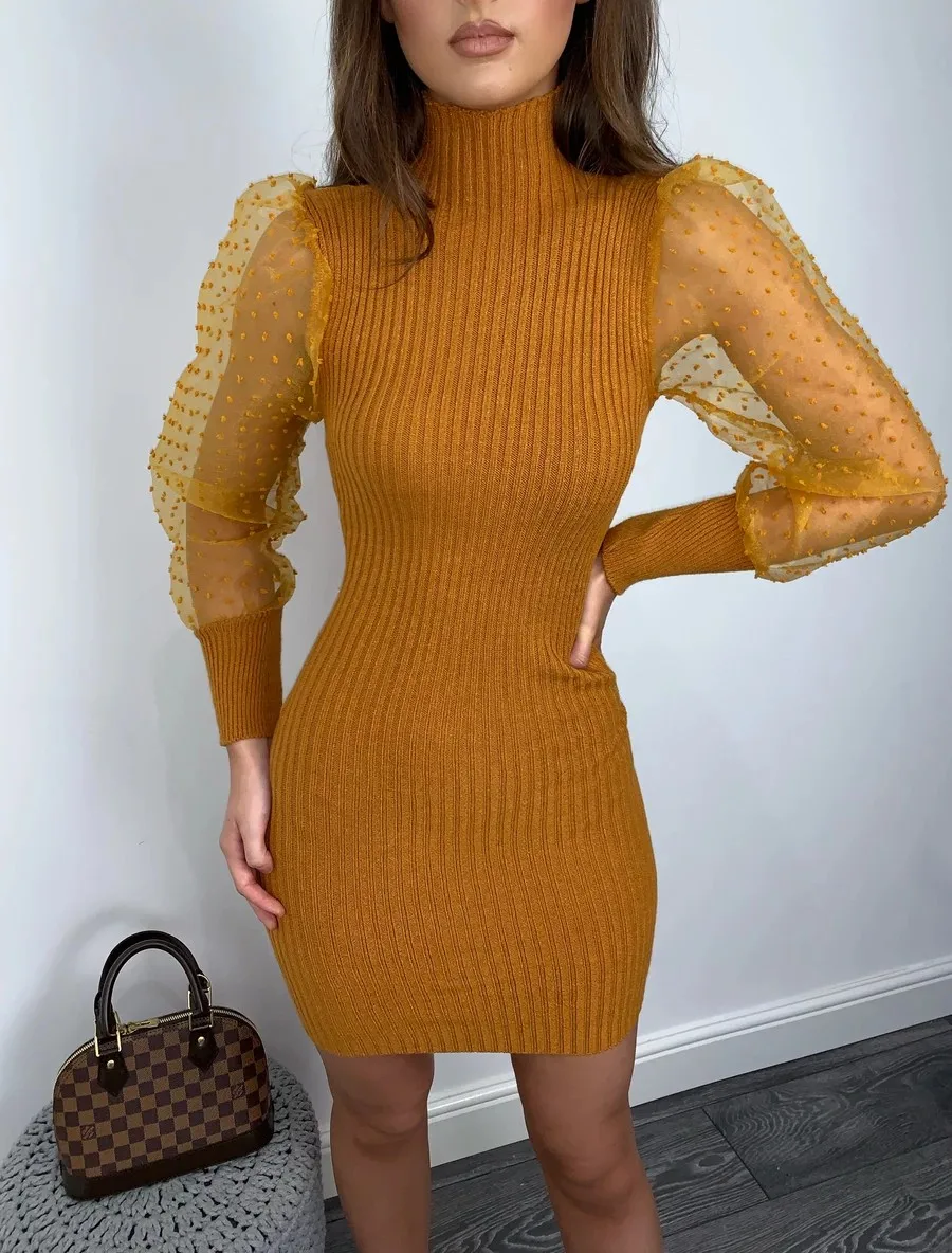 Женское Сетчатое прозрачное пышное платье в горошек с рукавами женское вечернее