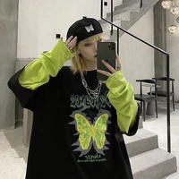 oversized bottoming shirt with butterfly print and sleeves loose fake two piece long sleeved t shirt for women
