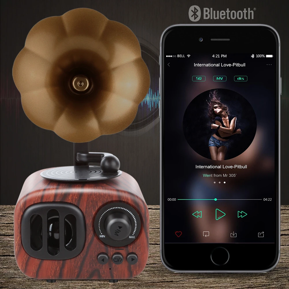 

Portable Retro Wireless Bluetooth Speaker Gramophone Built-in Battery Support FM, TF card, Audio Input Compatible with phones