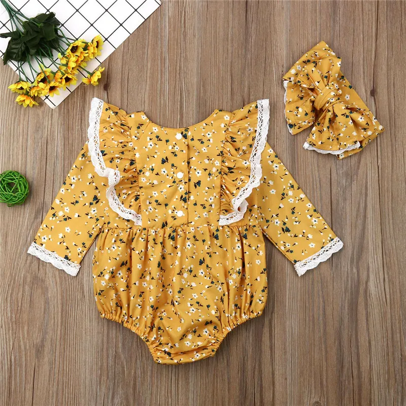 

0-24M Newborn Infant Kids Baby Girls Bodysuit Floral Ruffle Long Sleeve Jumpsuit Playsuit Headband 2Pcs Outfits Girl Clothes