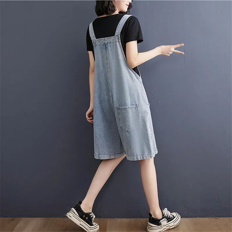 

Summer Large Size Washed White Solid Color Loose Fashion Overalls A-line Wide-Leg Five-point Pants Jeans Jumpsuit Women Clothing