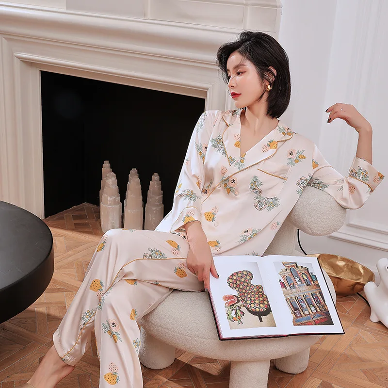 Двубортные пижамные комплекты с принтом из ледяного шелка для женщин домашняя