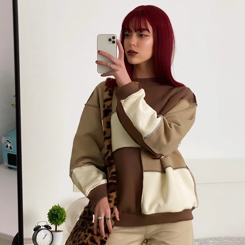 

Girlchic Hoody Patchwork Diatressed Slim Fit Streetwear Pullovers Panelled Designed Remake Y2K Long Sleeve Top Casual Trendy