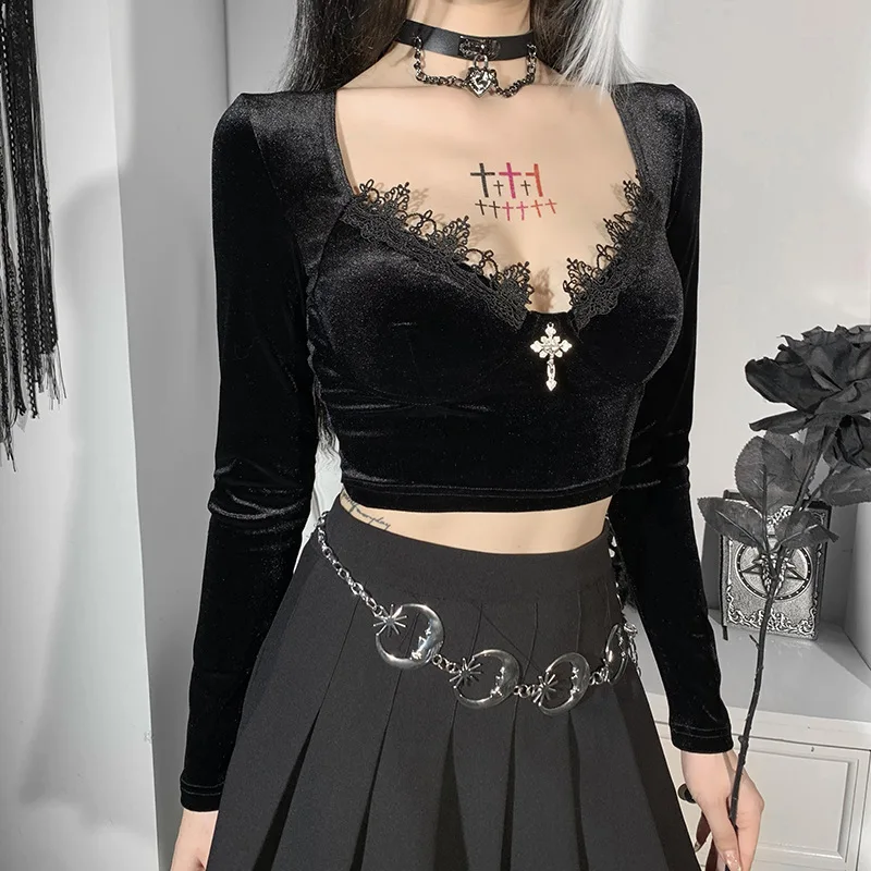 

Gothic Black Tops Woman Clothes Sexy Velvet Patchwork Lace Crop Top Autumn Winter Punk Deep V Neck Long Sleeve T-Shirts
