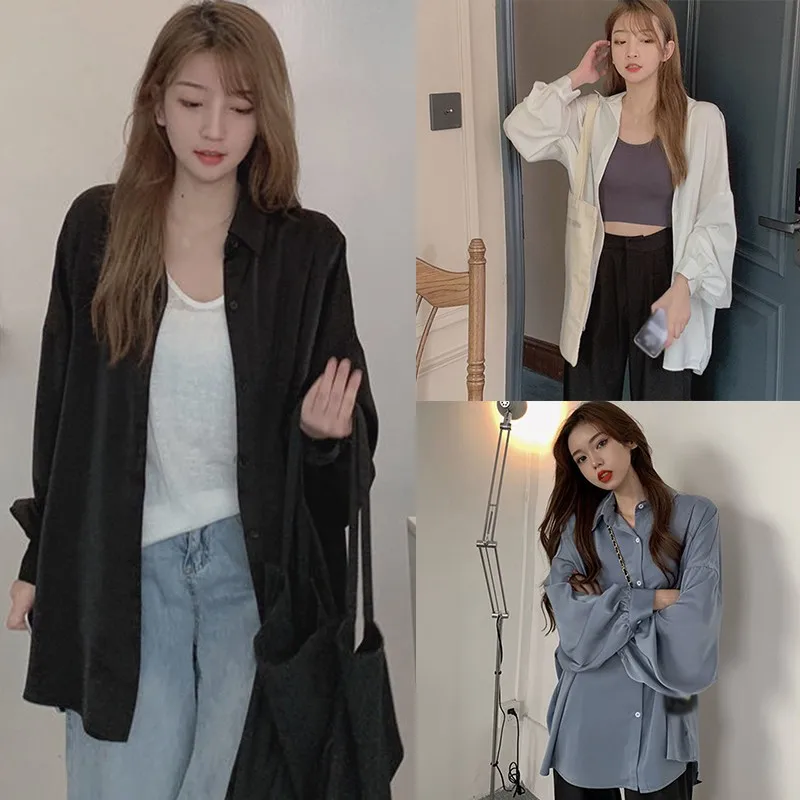

2020 Retro Hong Kong-style Pure Color Long-sleeved Shirt Female Design Sense Outer Wear All-match Top