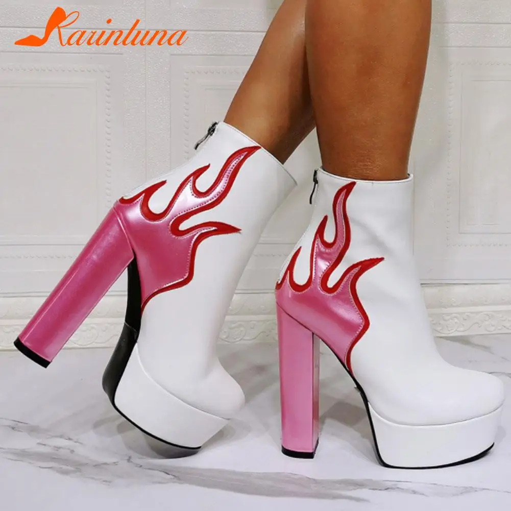 

Karinluna Luxury Brand New Female Party Office Zipper Round Toe Boots Mixed Colors Super High Heel Boots Women Lagre Size 36-43