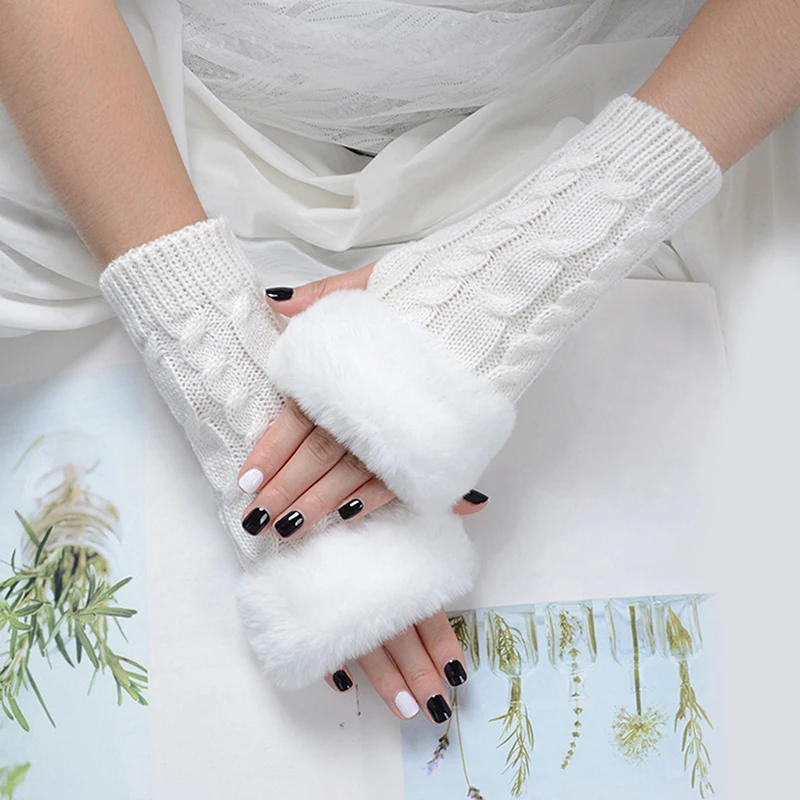 

Autumn Winter Solid Color Female Write Keep Warm Korean Knitting Lady Fingerless Protection Hand Hair Mouth Knit Gloves Women