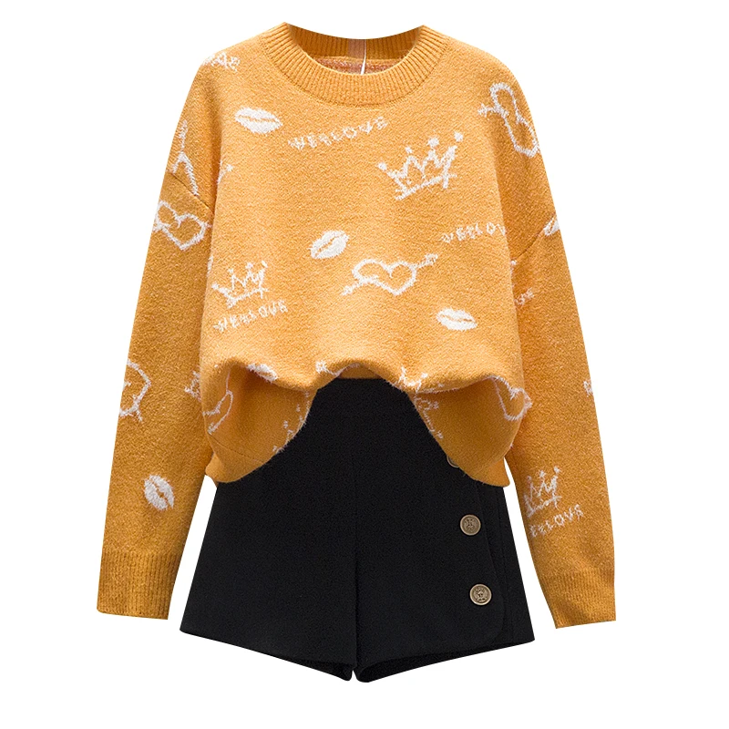 

Новый Зимний Свободный пуловер карамельных цветов, свитер, вязаный костюм из двух предметов, женские черные шорты, Джокер, Женский Повседне...