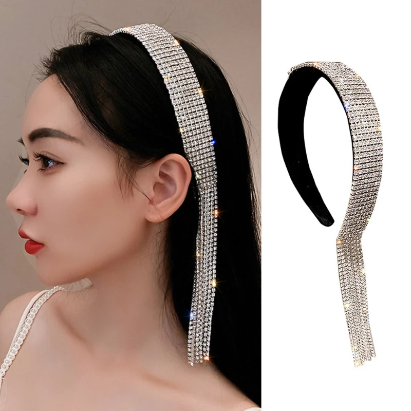

Baroque Vintage Black Velvet Headband Asymmetry Glitter Rhinestone Long Tassel Hair Hoop Women Party Headpiece