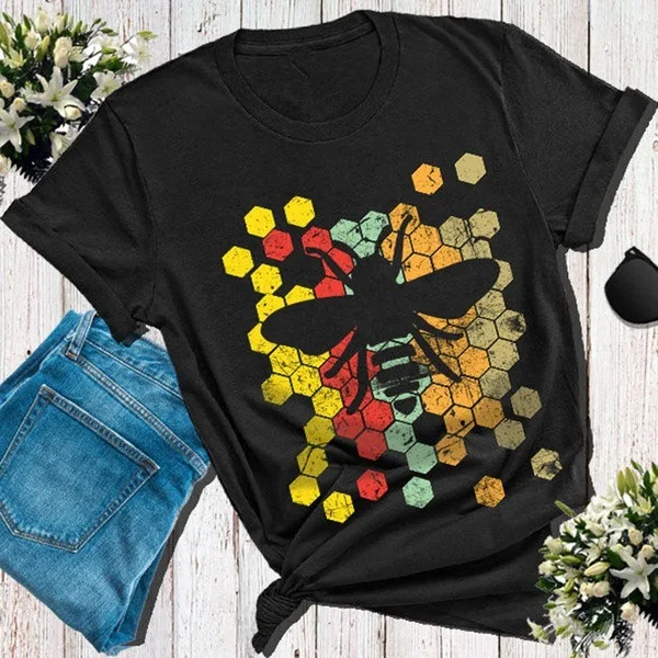 

Casual Women T-shirt Bee Graphic Short Sleeve Shirts Female Camisas Aesthetics Vintage Top Harajuku T Shirt Plus Size 3XL