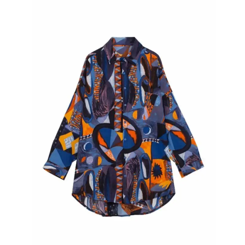 

Sister Fara Chic Chiffon Print Women's Shirt Summer Thin V-Neck Long Sleeve Blouses Ladies Spring Single Breasted Casual Blouses