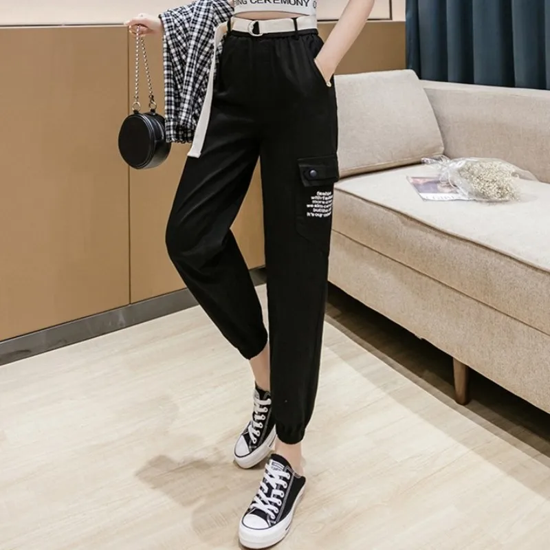 

Summer Loose Cargo Pants Women Street Sashes Hip Hop Casual Harem Pants Black Sweatpants Multi-pocket College Ankle-Length Pants