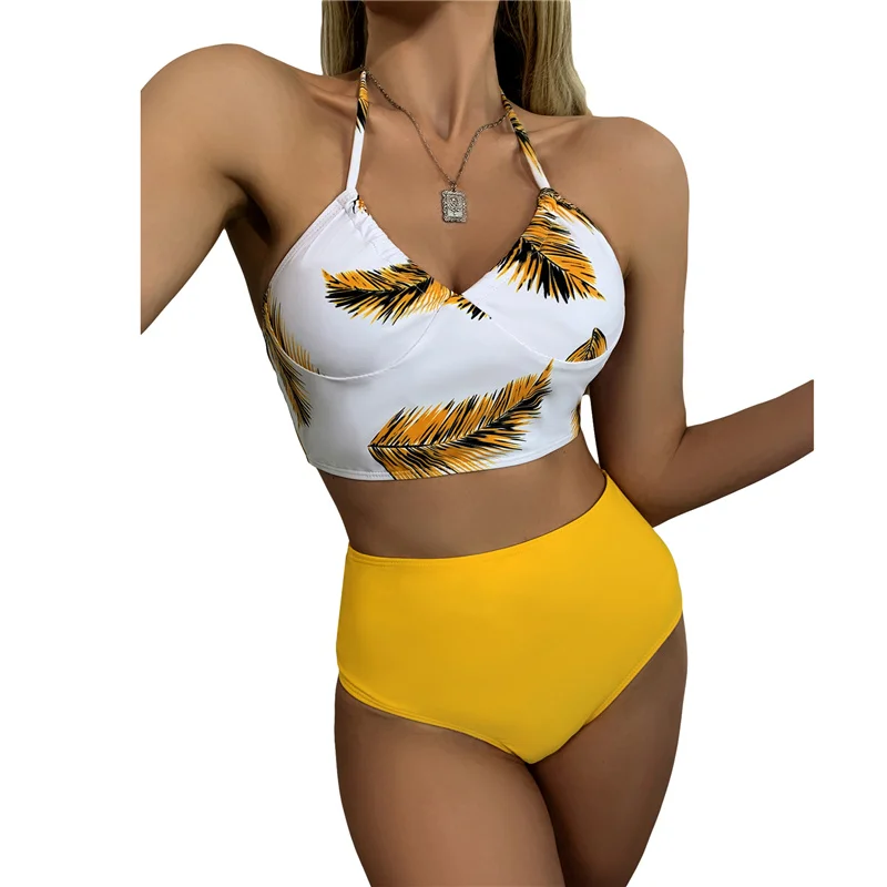 

Miehuida 2021 Women Sexy Bikini Set Leaves Printed Halter Strap Swim Tops and Panty Swimwear Swimsuits Summer Swimwear