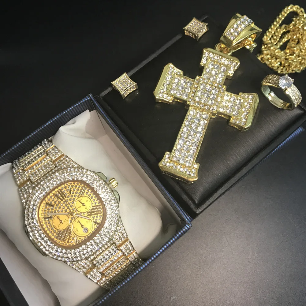 Роскошные мужские золотые часы в стиле хип хоп мужское ожерелье кубинские кольцо