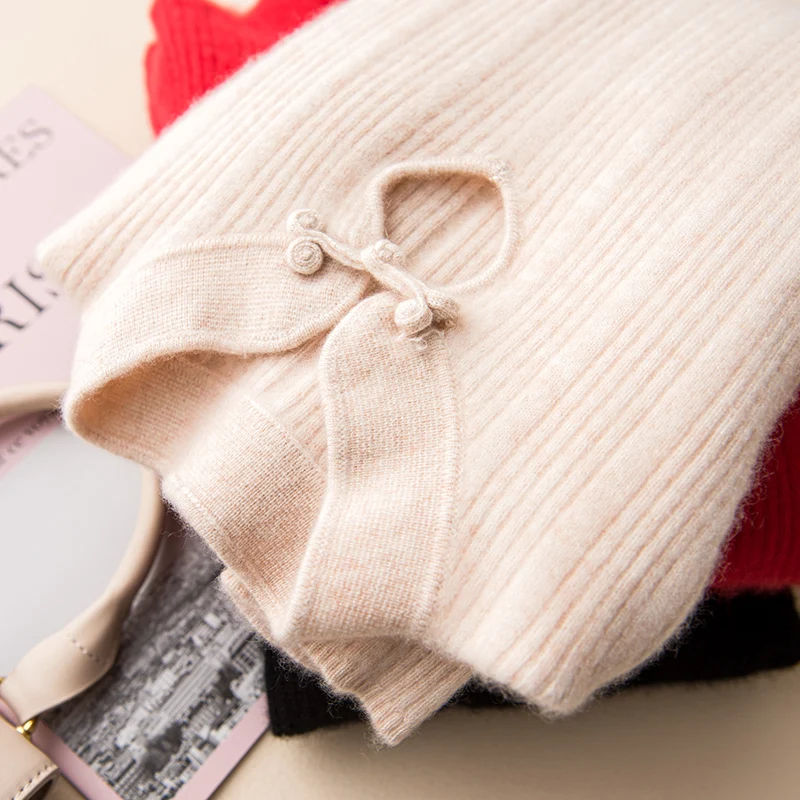 

Cashmere Women Sweaters with tie Natural Wool Knitted Pullover Chinese vintage Winter Warm Thick Casual Wool Sweater