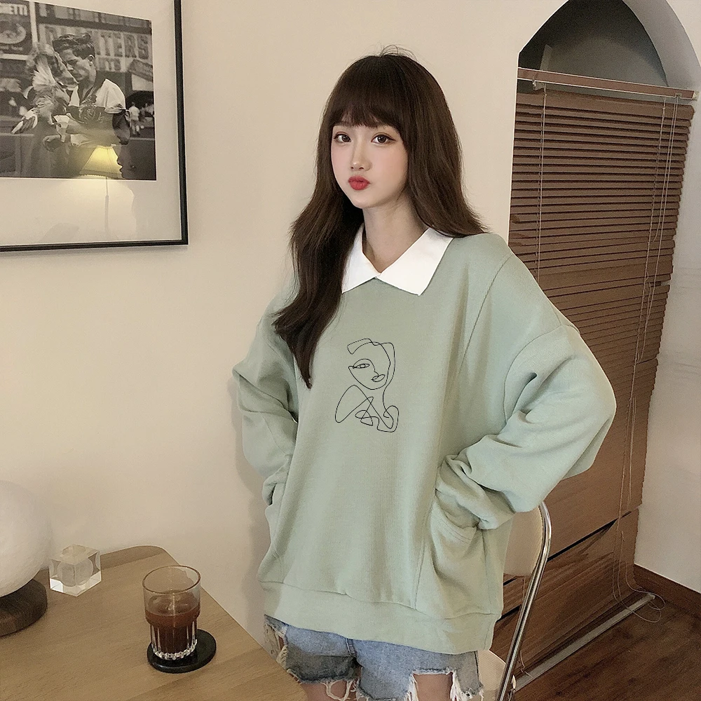 

Polerones Mujer Turn-down Collar Woman Hoodie Sweatshirts Korean Aesthetic Line Pullover Hoodies Long Sleeve Loose Streetwear