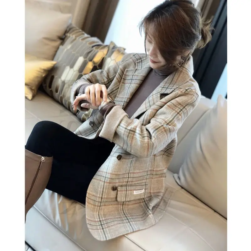 

Classic Plaid Business Interview Suits Ladies Work Office Ladies Long Sleeve BlazerAnd Wool Coat