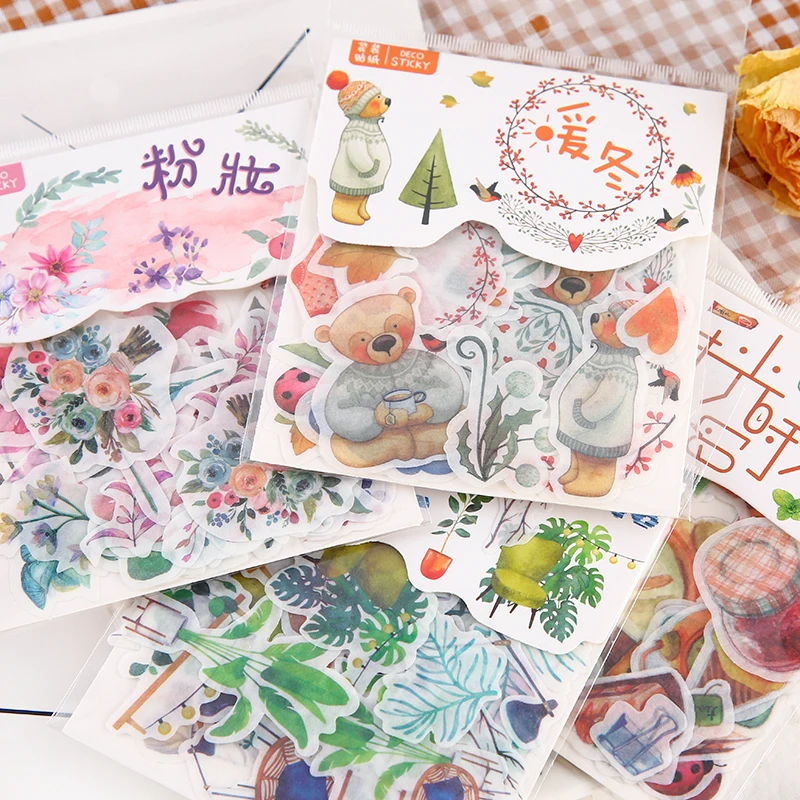 

Journamm 40pcs Plant Bear Planet Washi Sticky Deco Stickers for Journaling Flowers Leaves Fruits Creative Stationery Stickers
