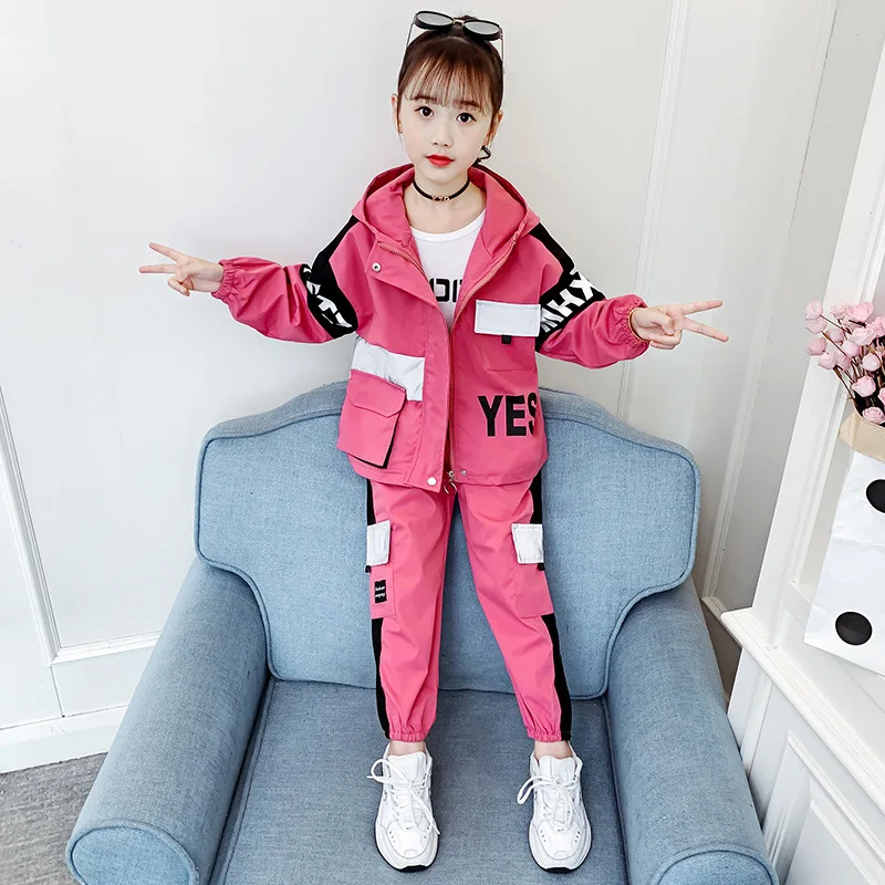 

Girls Suit Coat +Pants 2Pcs/Sets 2021 Splicing Spring Autumn Teenagers Outwear Kids Cotton Tracksuit Sport Suits Children Clothi