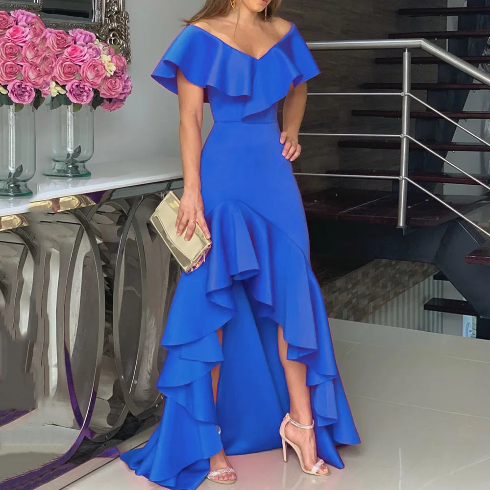 Синие вечерние платья с оборками сексуальное платье открытыми плечами